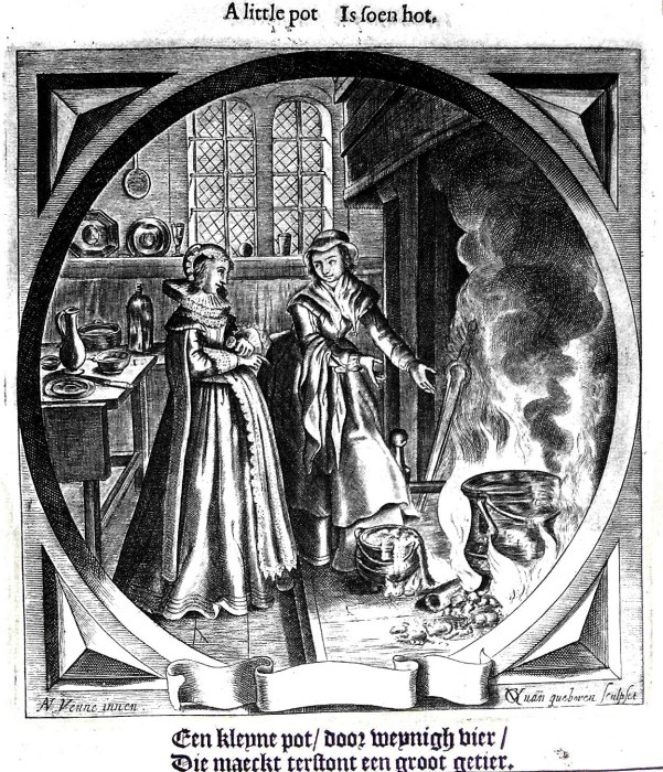 Kitchen scene. Engraving by C. vanden Queboren after A. van de Venne, 1626