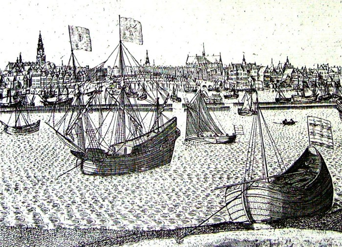 Amsterdam Harbor (detail). Engraving by Pieter Bast, ca. 1600