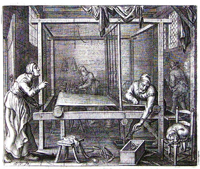 At the loom. Engraving by Adriaen van de Venne, ca. 1630