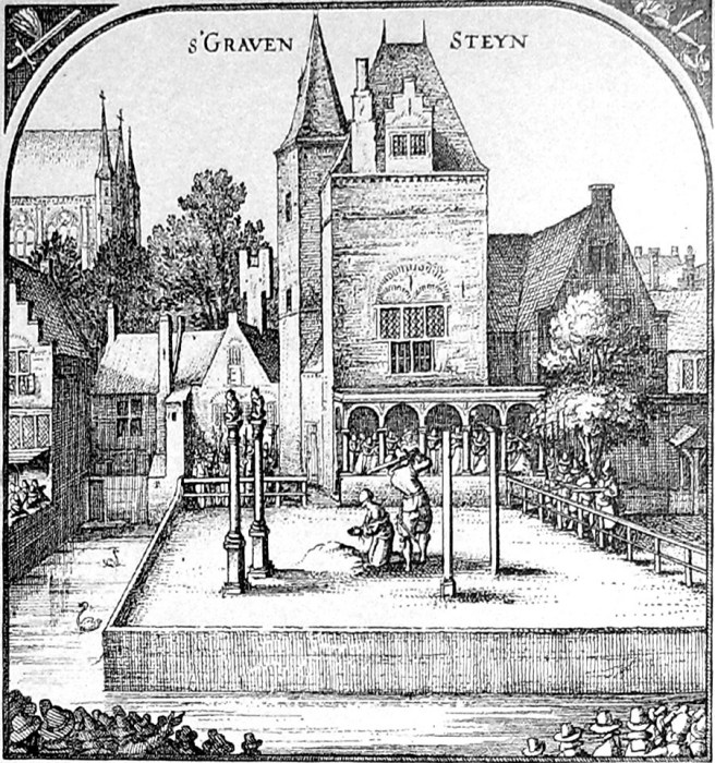Gravensteen, a castle used as a prison. Engraving ca. 1624